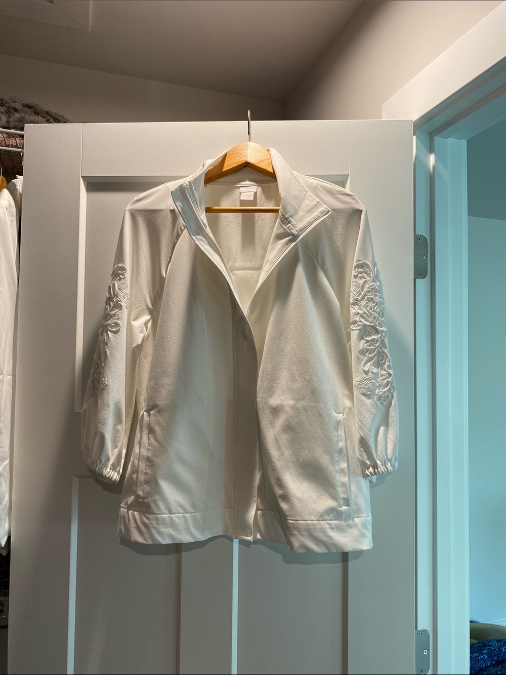 Chico's Ivory Embroidered-Sleeve Bomber Jacket
